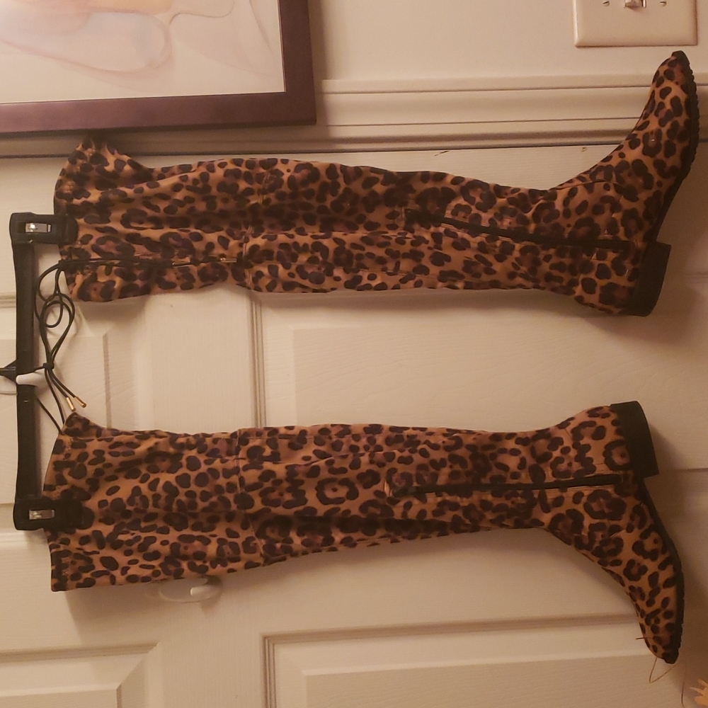 Womens Over the Knee High Leapord  Print Drawstring  Boots